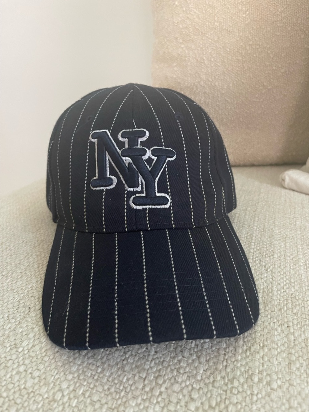 NY Embroidered Pinstripe Baseball Cap - Navy White
